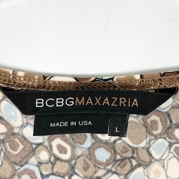 NWOT BCBGMAXAZRIA Dress L Brown Geometric-Print Faux-Wrap Tie Stretch Multicolor - Picture 4 of 16
